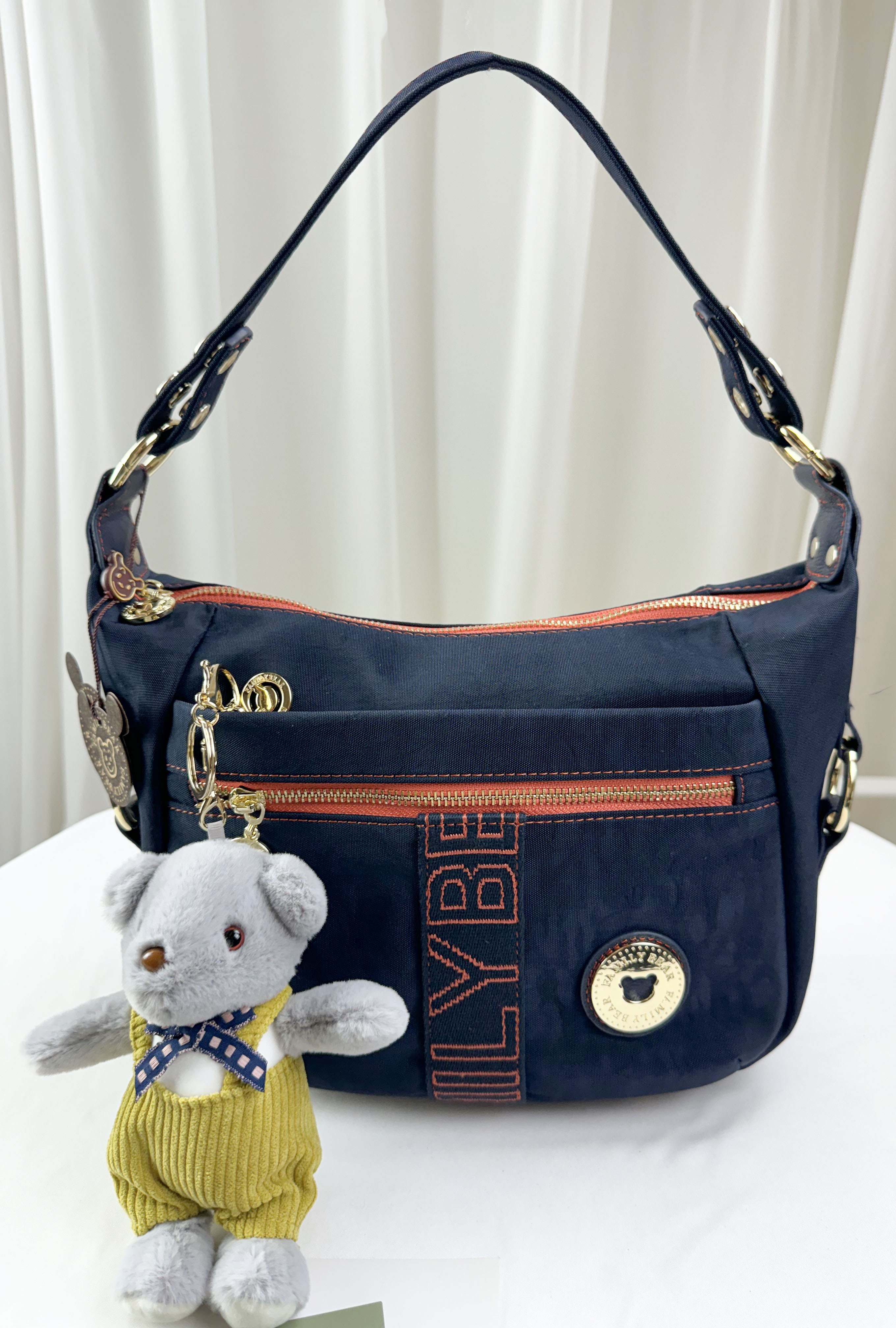 FamilyBear 藍橙織帶防潑水肩背包 / 側背包 附兔兔吊飾 #2276