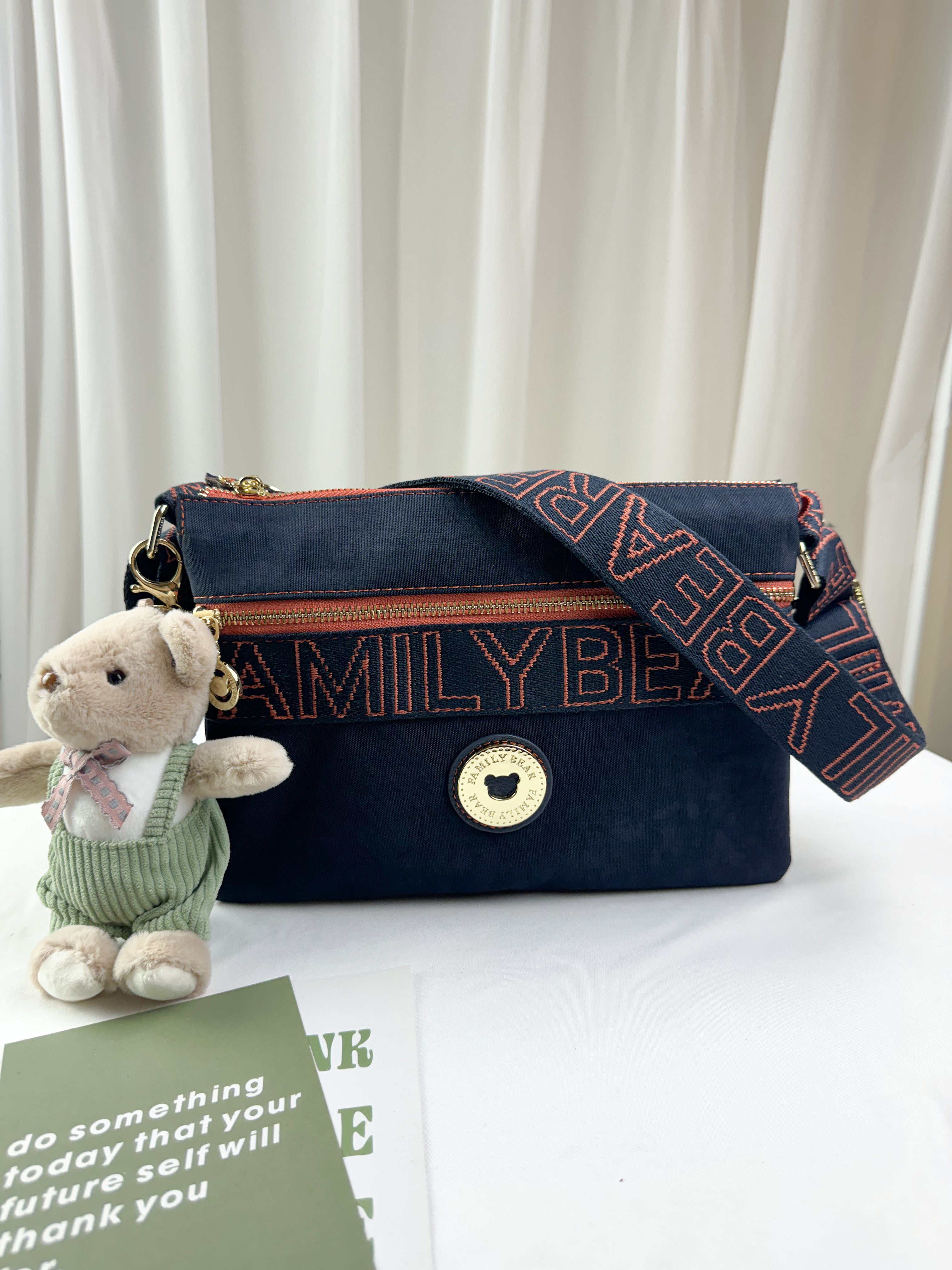 FamilyBear 藍橙織帶防潑水肩背包 / 側背包 附兔兔吊飾  #2522