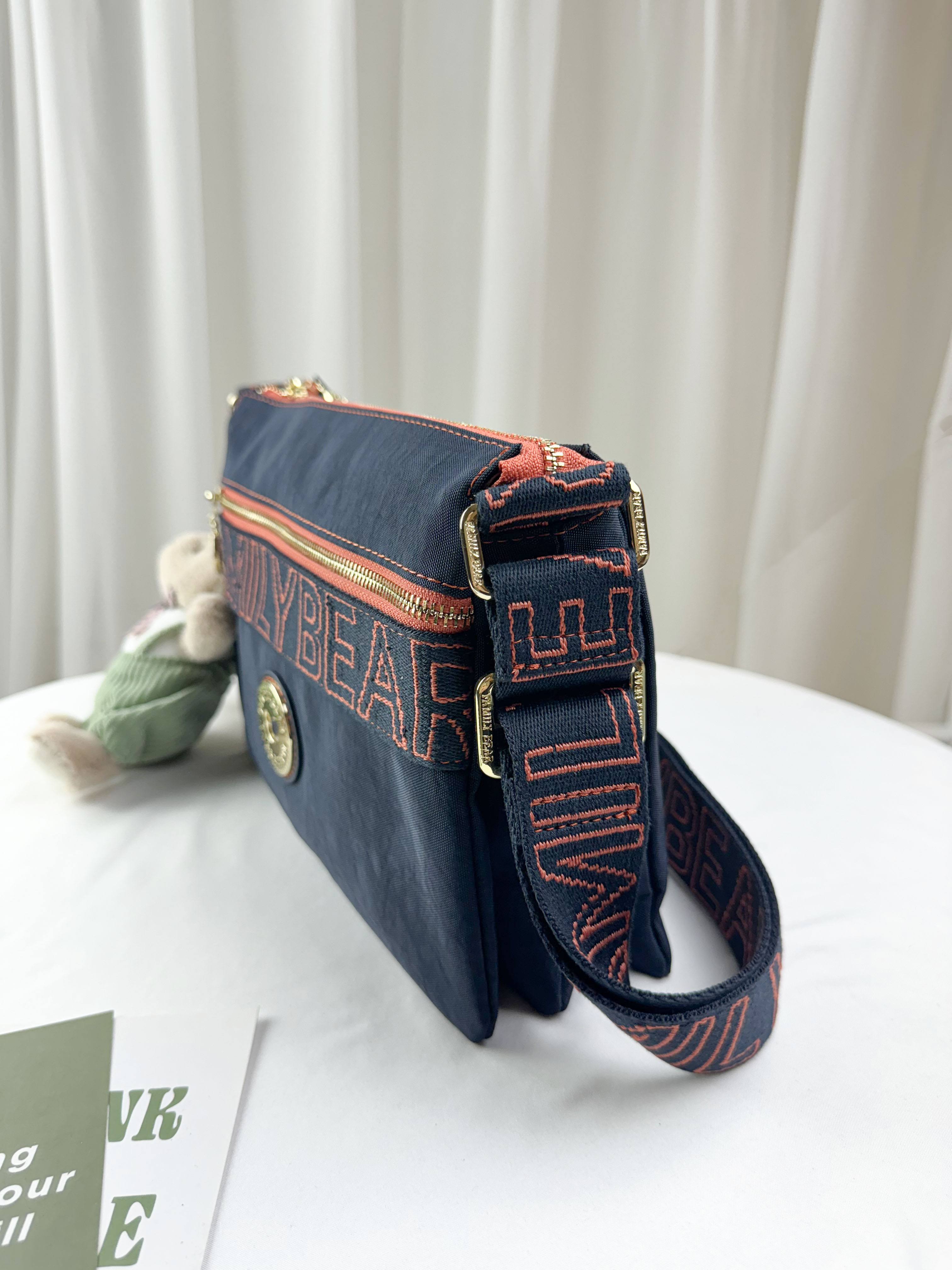 FamilyBear 藍橙織帶防潑水肩背包 / 側背包 附兔兔吊飾  #2522