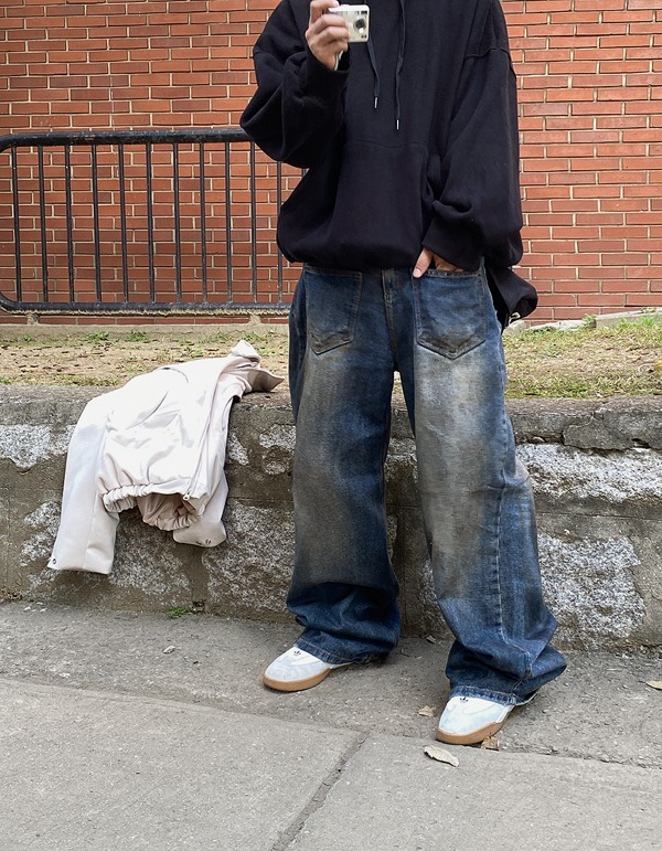 前後口袋闊腿牛仔褲