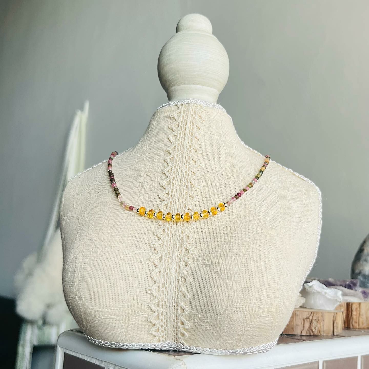 [原石] 西瓜碧璽 + 琥珀 水晶項鍊 / 三圈手串