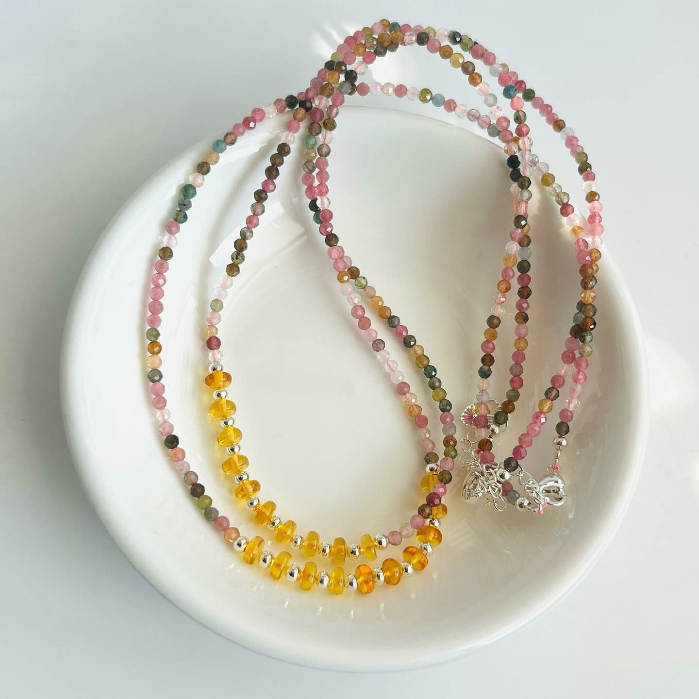 [原石] 西瓜碧璽 + 琥珀 水晶項鍊 / 三圈手串