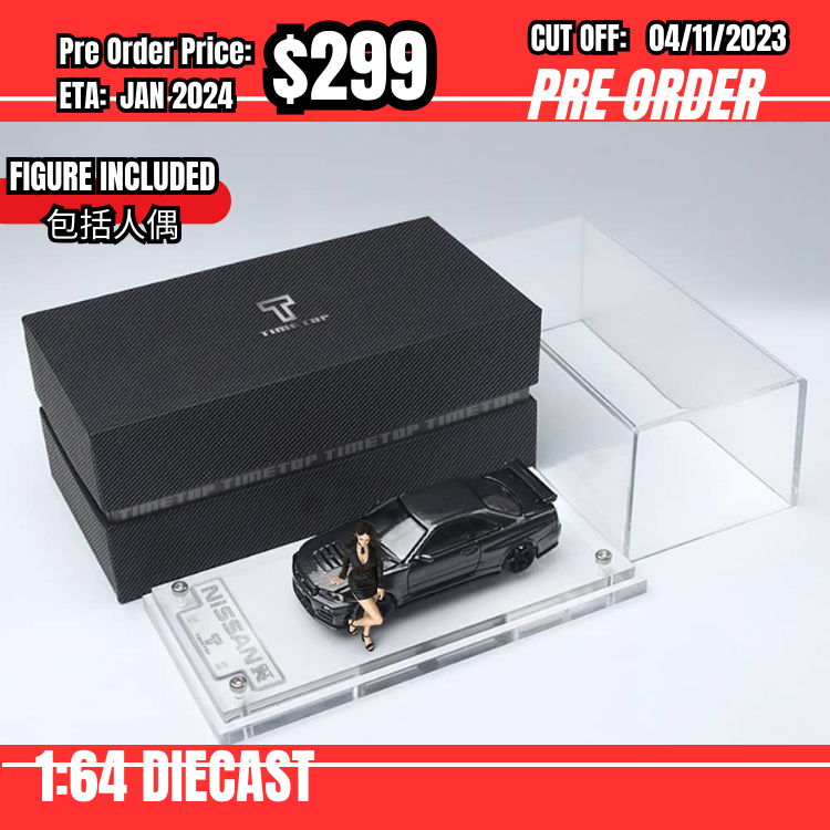 PO-$299 *Time Micro* 1:64 Nissan Skyline GTR R34 Z-Tune Carbon Black w/figure [OD28/10]
