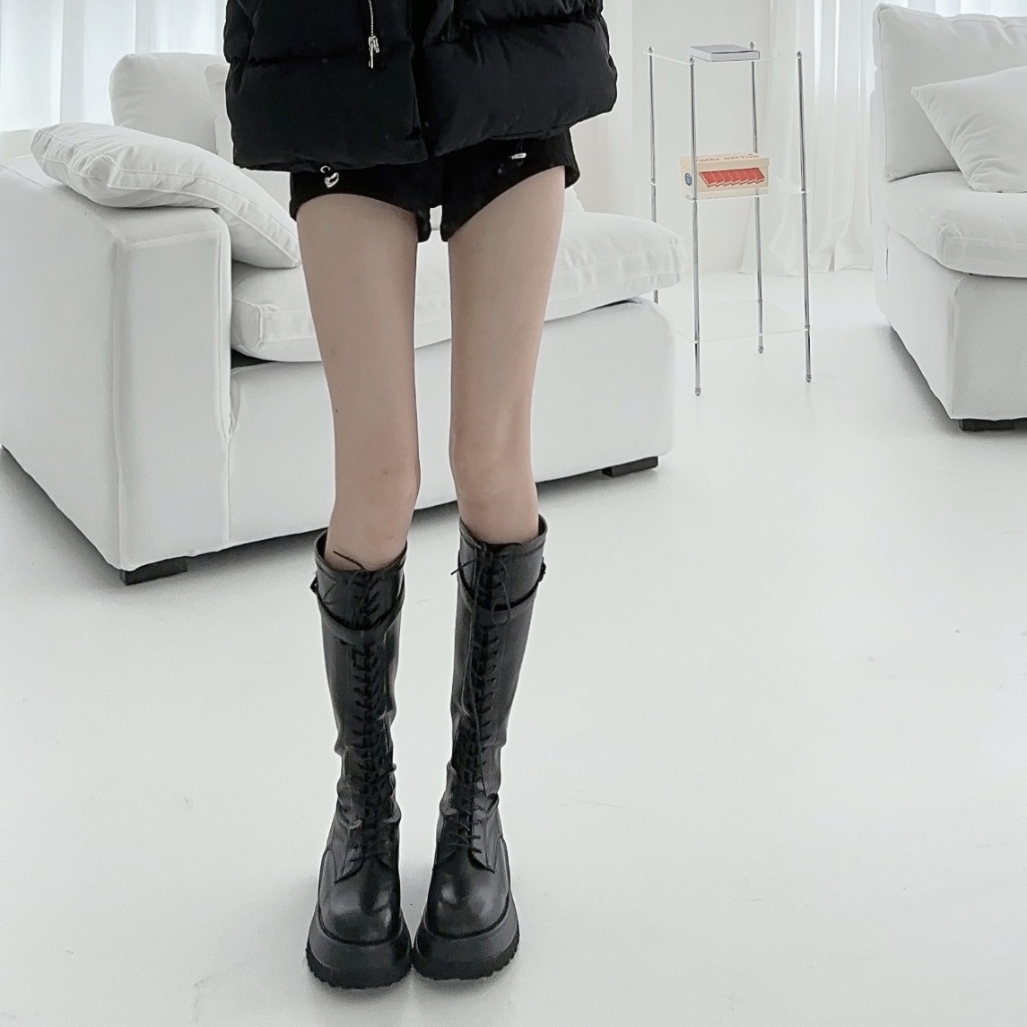 厚底巨顯細綁帶長靴