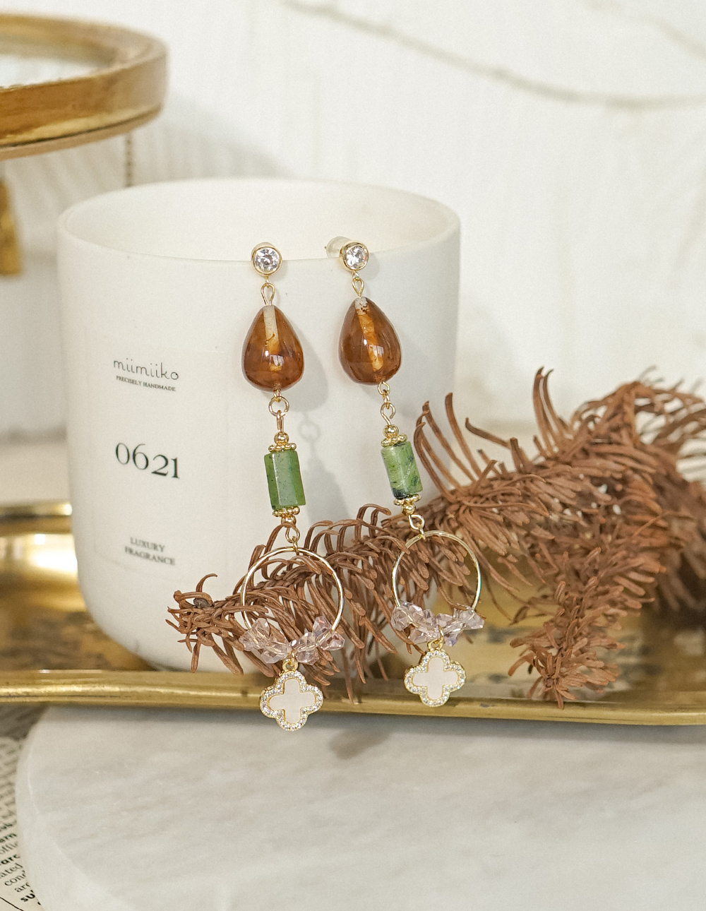 by mii✧水晶花圈幸運草耳飾✦綠