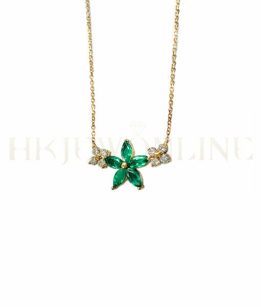 18K Yellow Gold Emerald Flower Diamond Necklace