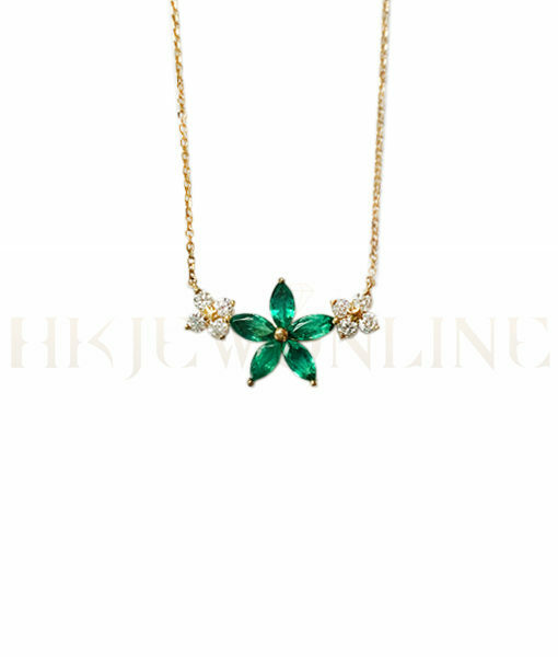 18K Yellow Gold Emerald Flower Diamond Necklace