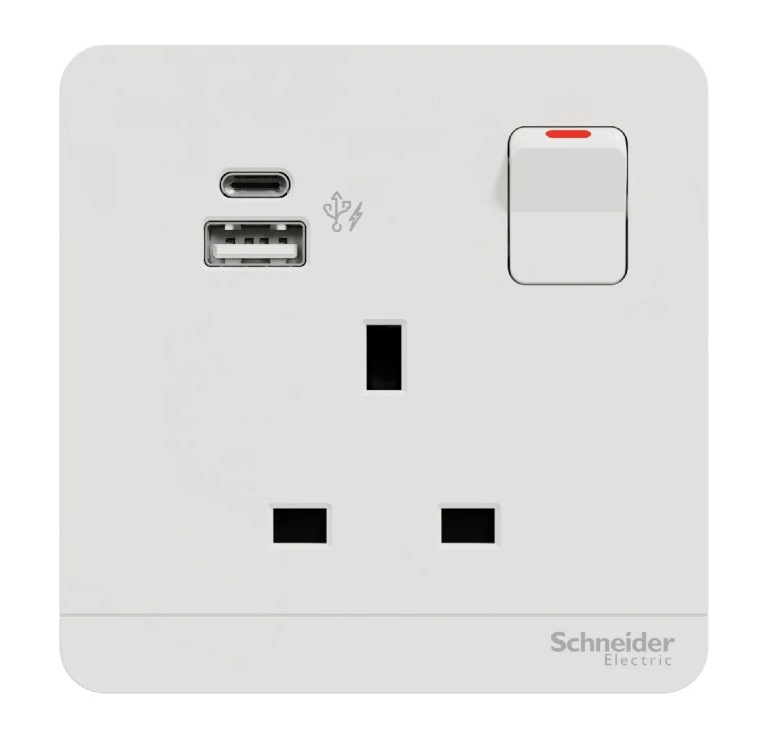 Schneider 施耐德 奐尚 13A單位連保護門有掣雙極插座連兩位USB充電插座Type A+C (沉醉金/石墨灰/白色/胡桃木)