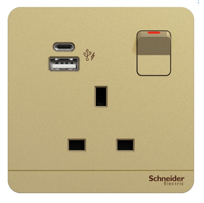 Schneider 施耐德 奐尚 13A單位連保護門有掣雙極插座連兩位USB充電插座Type A+C (沉醉金/石墨灰/白色/胡桃木)