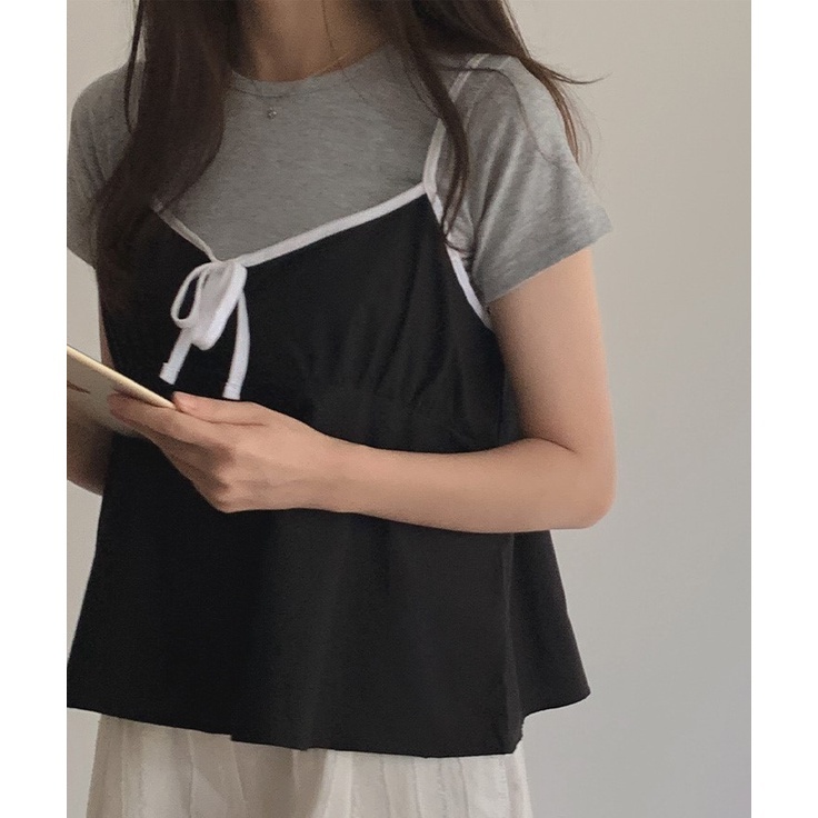 韓國Cherrykoko授權 簡約滾邊寬襬胸前綁帶細肩背心【現貨】