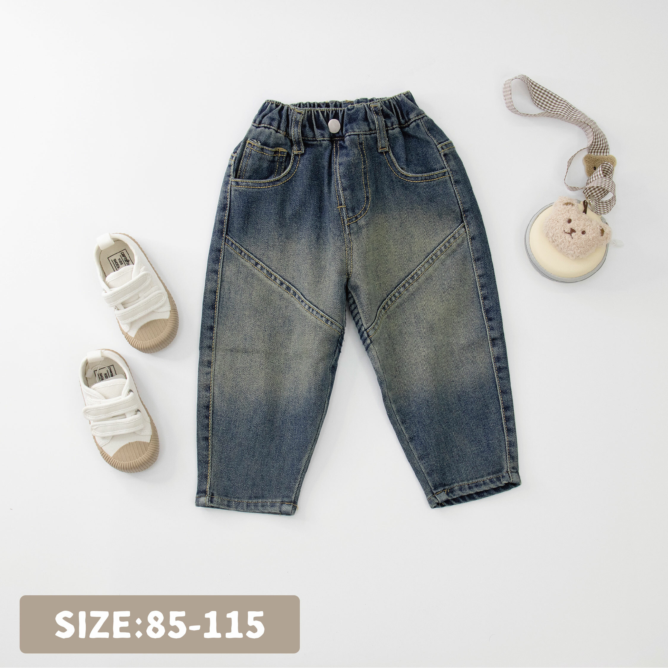 【H35148】復古刷色拼接剪裁牛仔褲