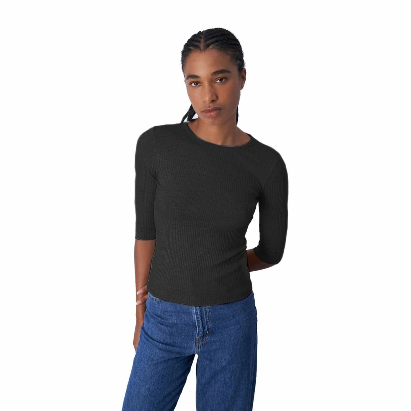 女款【ECO 有機系列】羅紋五分袖上衣-黑色（116735-KK001）