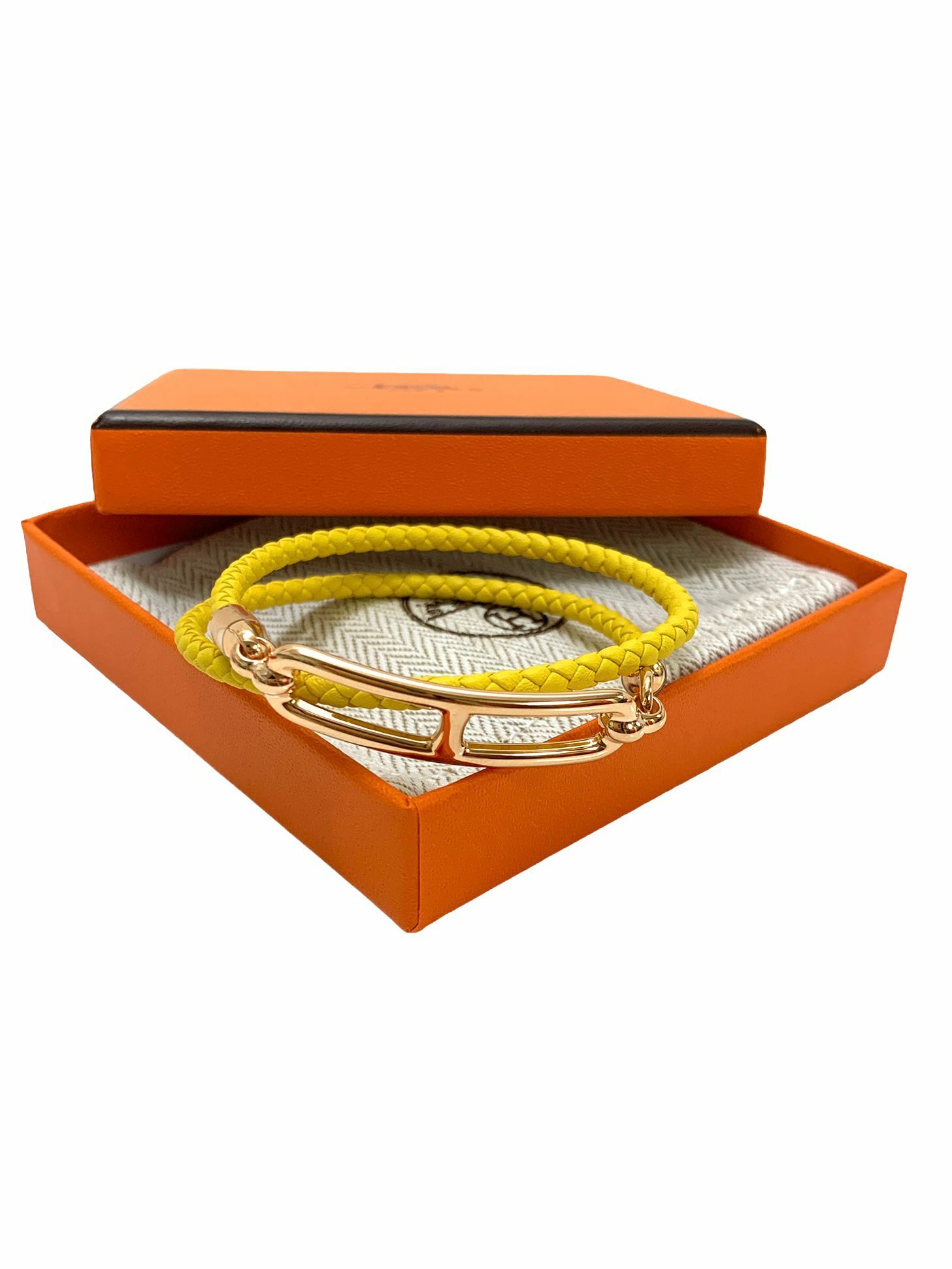 全新HERMES手繩/手帶 9O Jaune De Naples 那不勒斯黄色織皮/玫瑰金 T3 Roulis Double Tour bracelet H071727F #BRAND NEW #香榭站正品