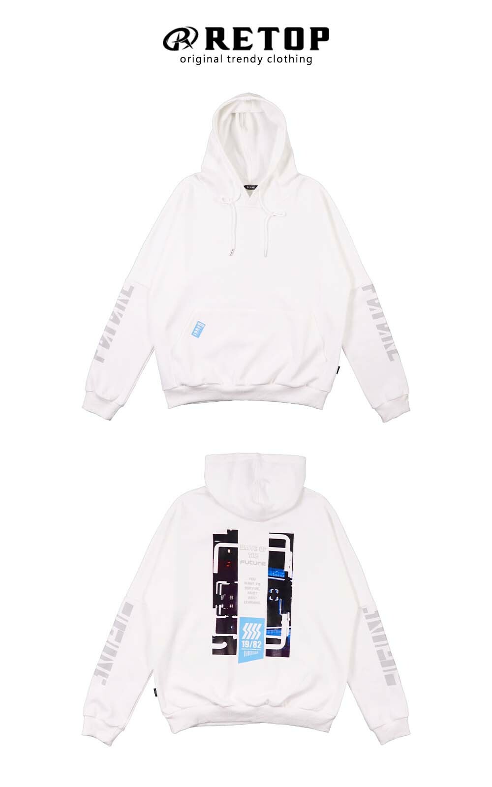 RETOP 賽博龐克 科幻效應寬版落肩帽T 白