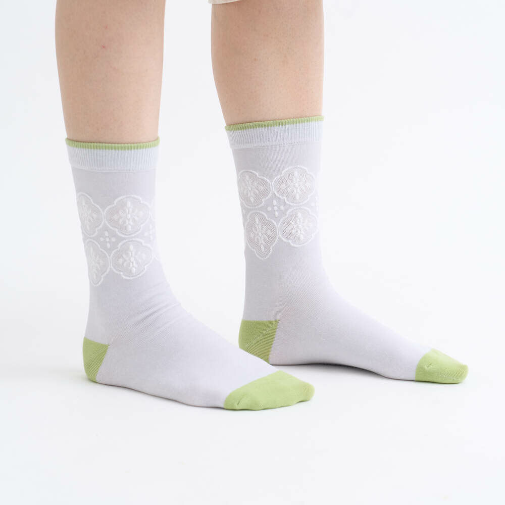 緹花中長襪/玻璃海棠/澄淨灰