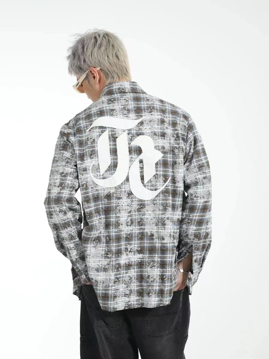 HARSH AND CRUEL 23FW 帆布不收邊貼布格紋紮染寬鬆長袖襯衫 HM233070366