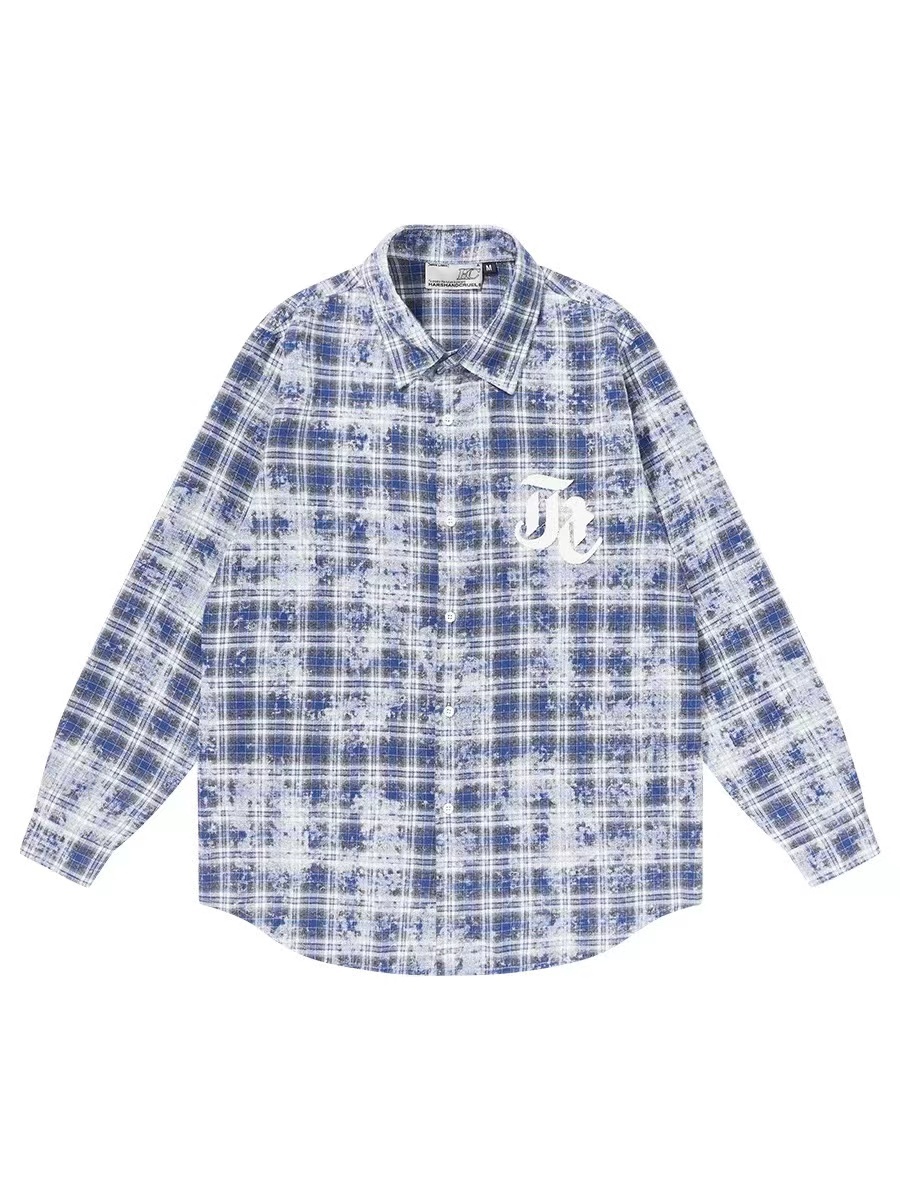 HARSH AND CRUEL 23FW 帆布不收邊貼布格紋紮染寬鬆長袖襯衫 HM233070366