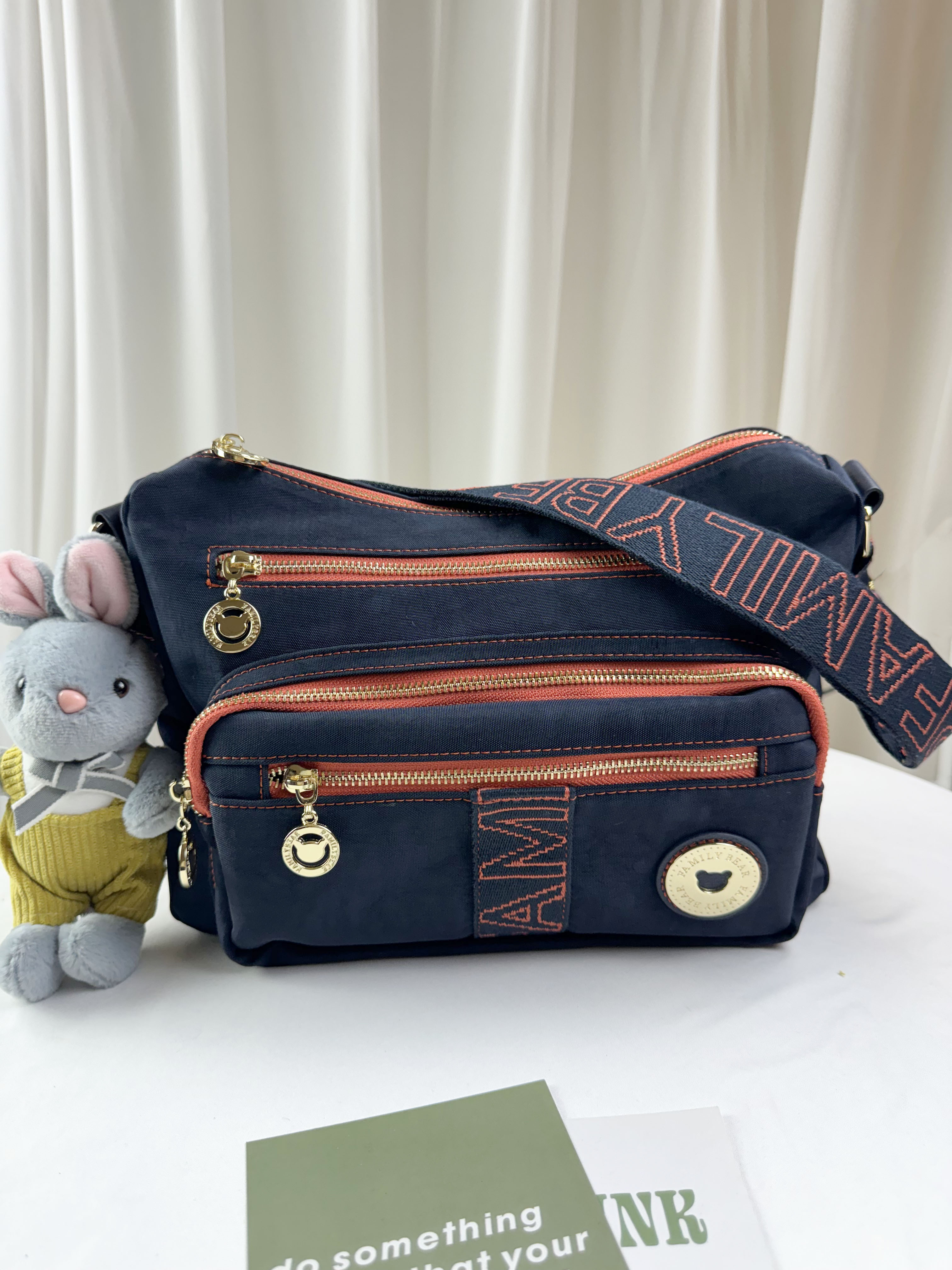 FamilyBear 藍橙織帶防潑水側背包 附兔兔吊飾   #6155