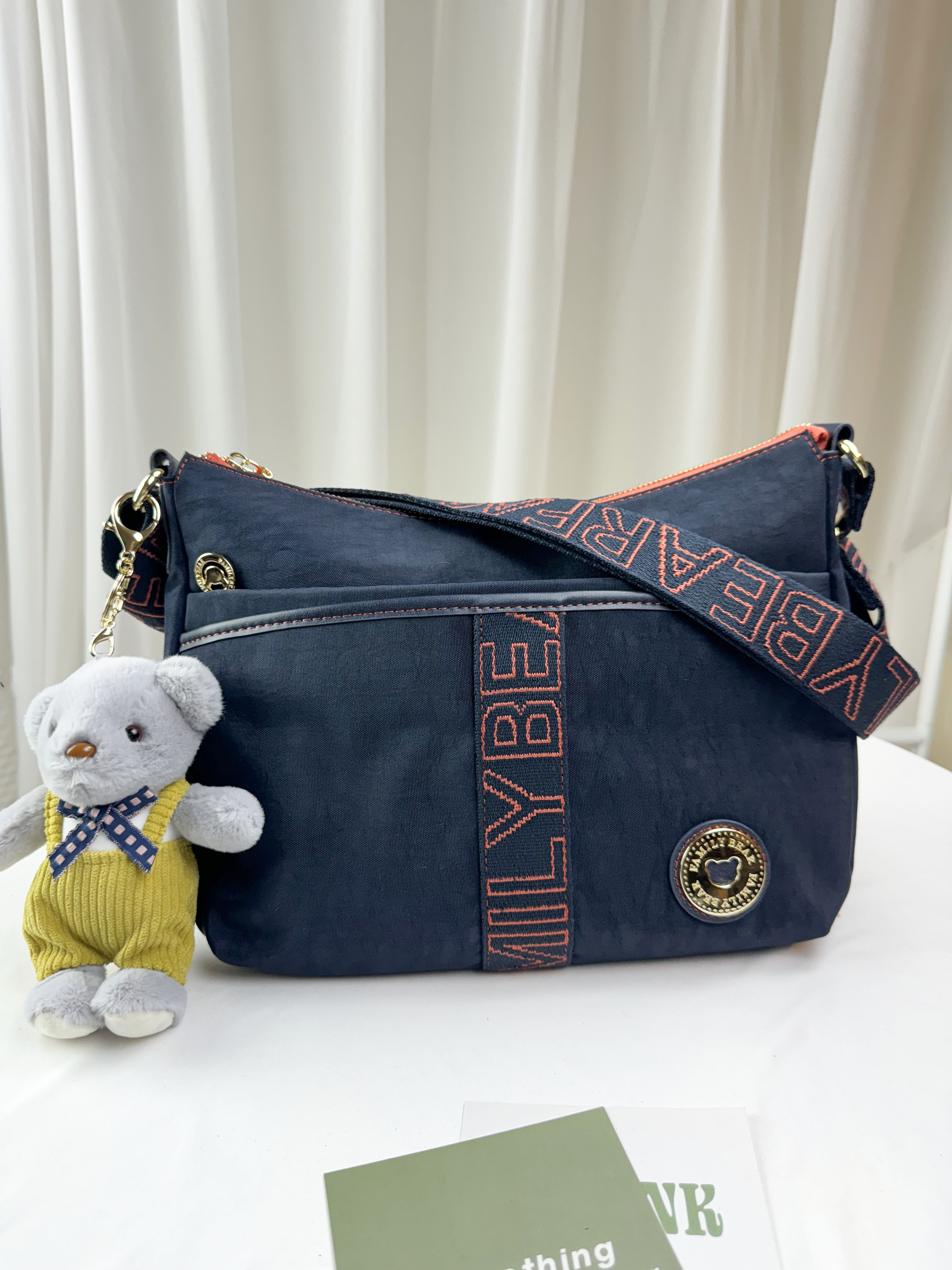 FamilyBear 藍橙織帶防潑水側背包 附兔兔吊飾   #2638