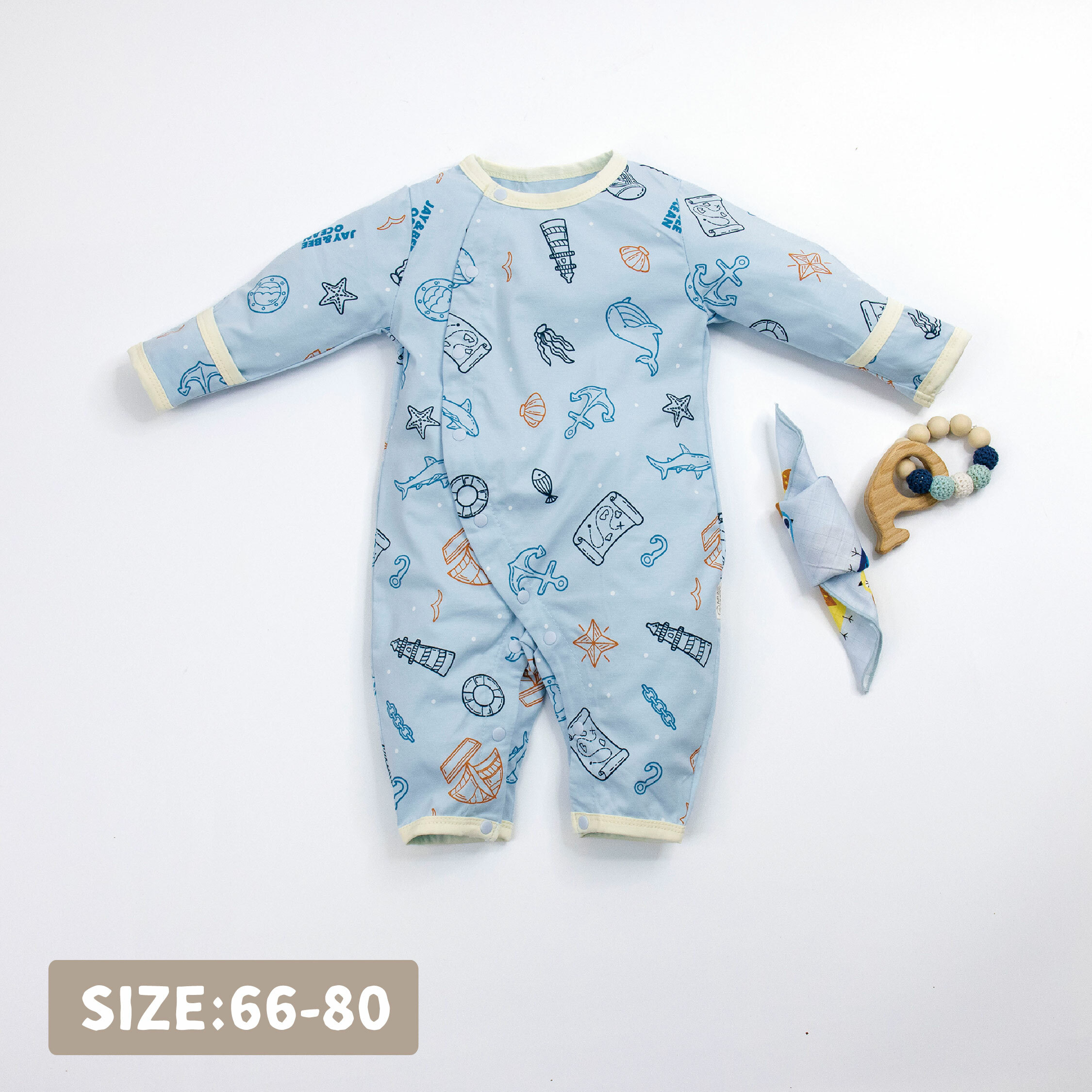 【JB1005】海洋世界。霜柔棉長袖開襟連身衣/爬服