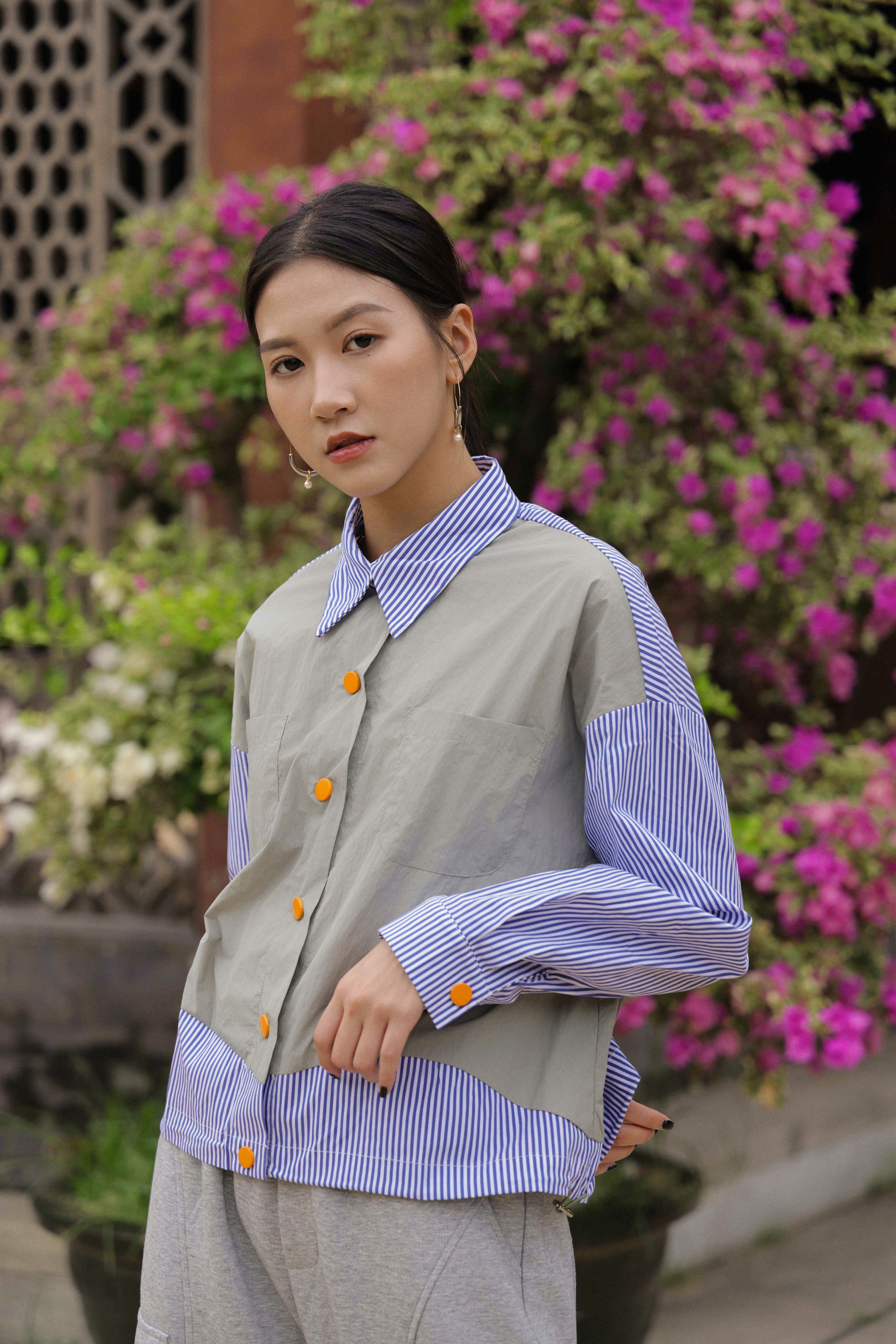 條子拼風褸料喼鈕恤衫（現貨款式）