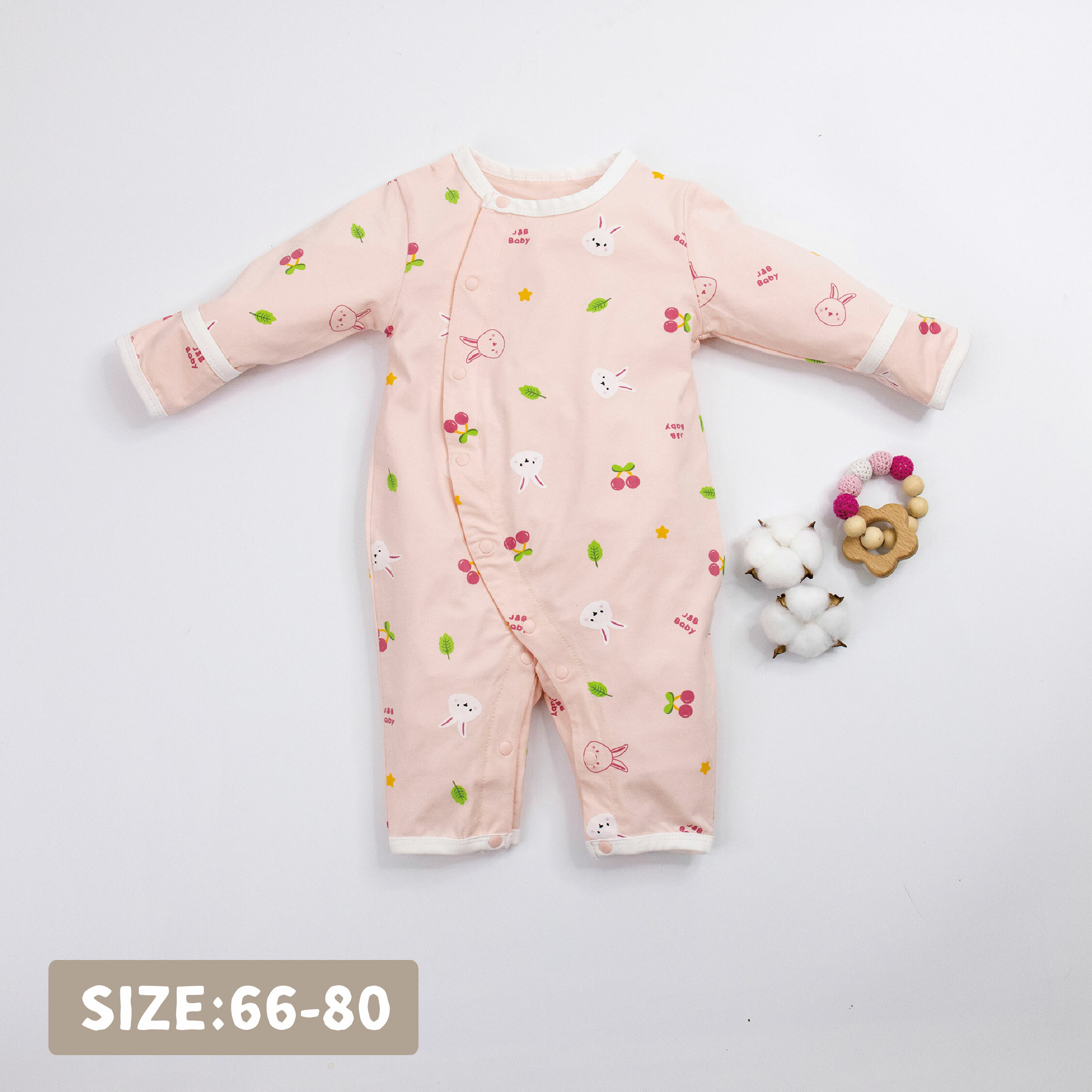 【JB1008】櫻桃兔兔。霜柔棉長袖開襟連身衣/爬服