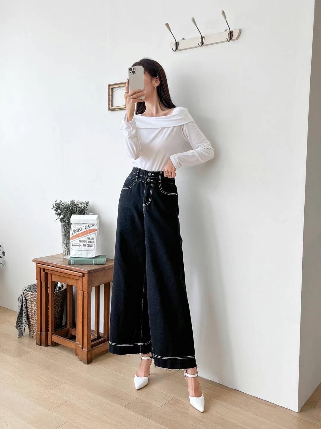 【優惠價預訂】韓國雙鈕闊腳牛仔褲（2色）