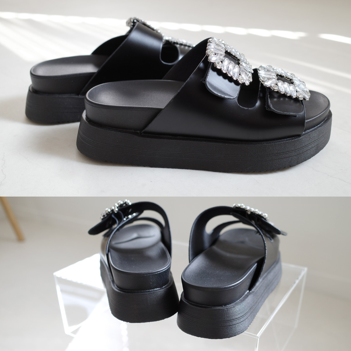 厚底水鑽雙帶拖鞋