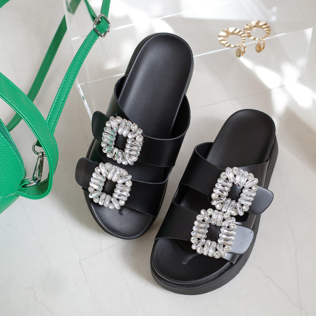 厚底水鑽雙帶拖鞋