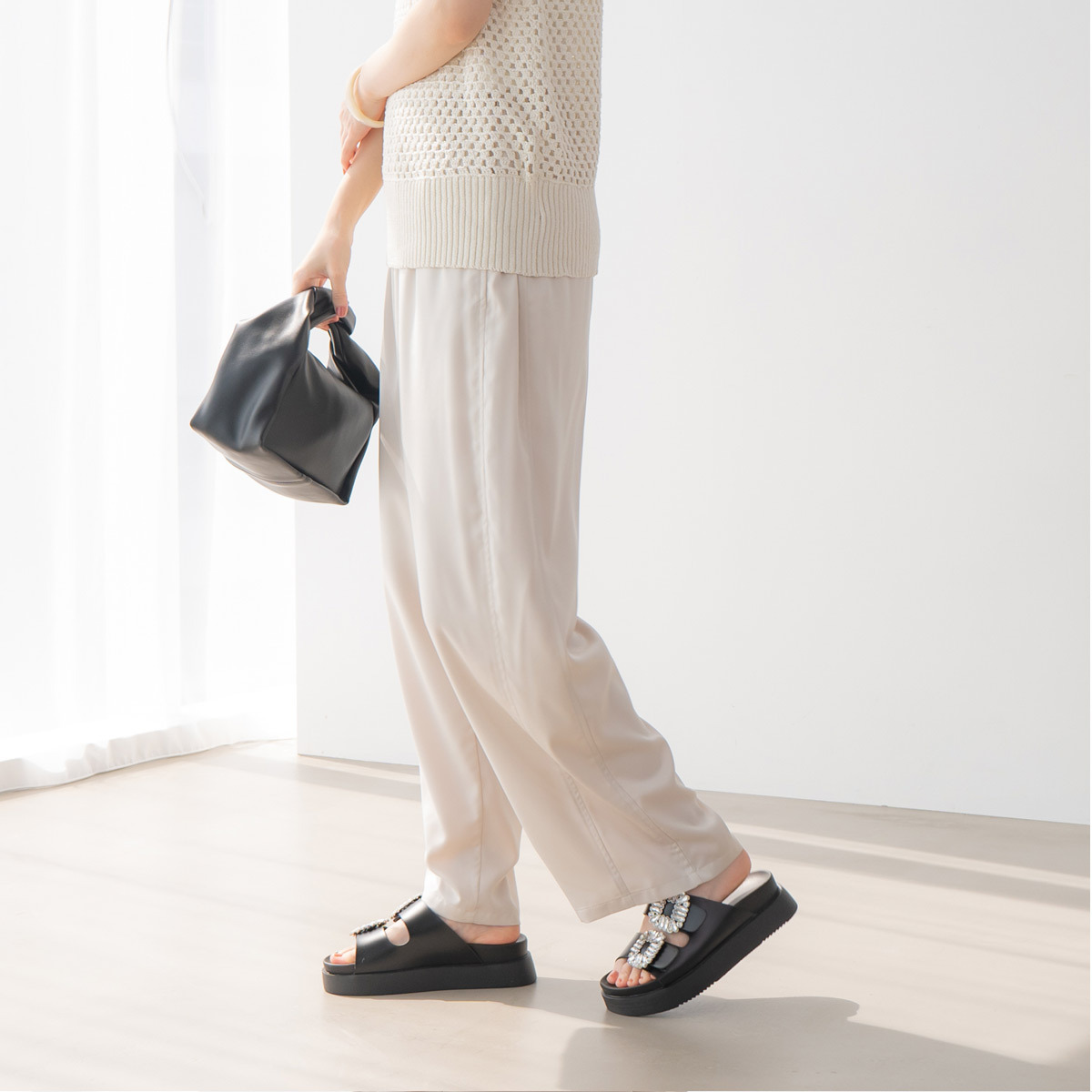 厚底水鑽雙帶拖鞋