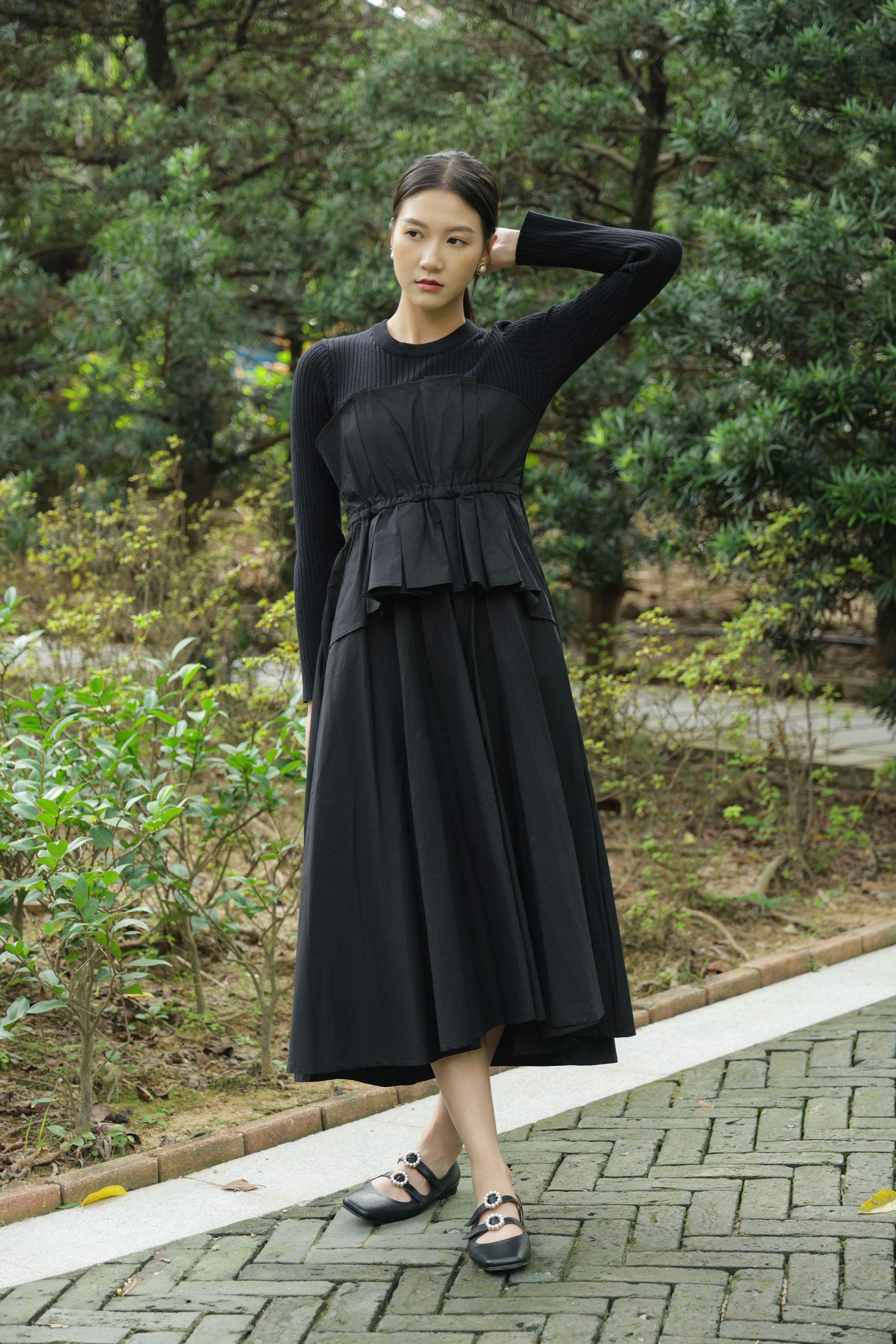 直紋針織上身拼梳織布連身裙（現貨款式）