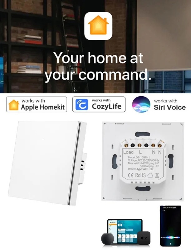 按鈕回彈式智能WiFi開關 Apple HomeKit（單零火通用,四個色）