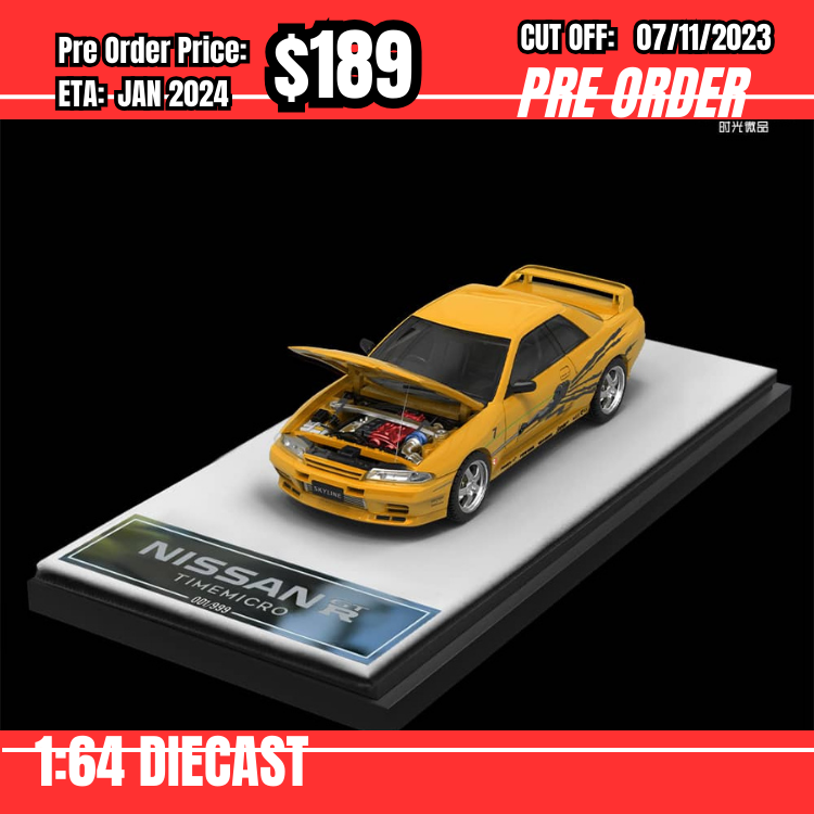PO-$189 * Time Micro * 1:64 Nissan Skyline GTR R32 FNF Yellow [OD31/10]