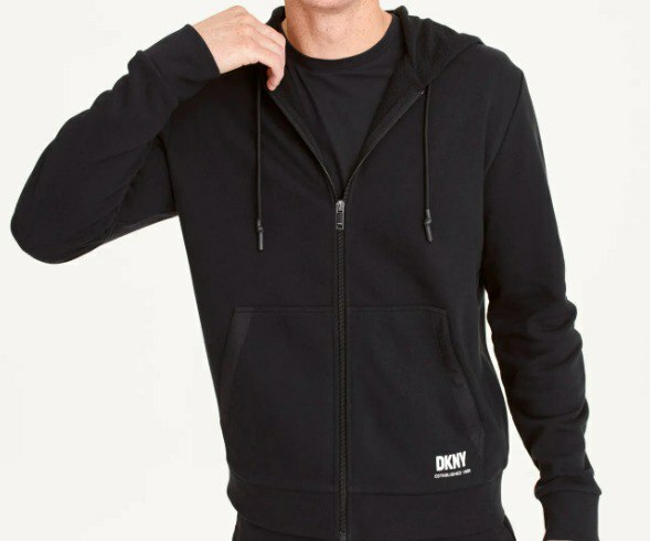 [S] DKNY M1370142 DRAWSTRING HOOD FULL ZIPPER DKNY LOGO LONG SLEEVE,BLACK, 755405322867 (SD707)