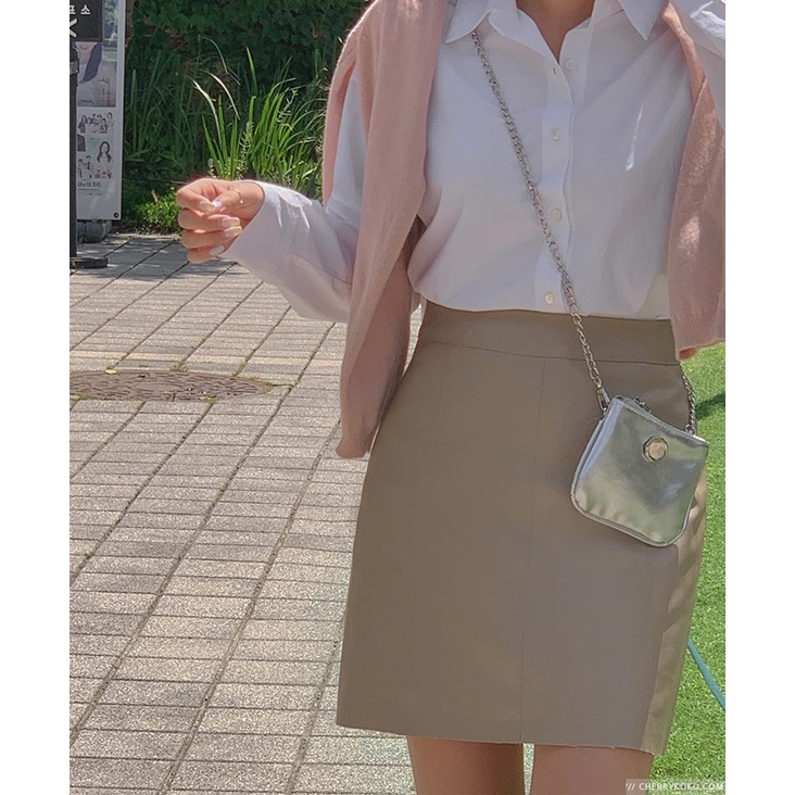 韓國Cherrykoko授權 俐落縫線仿皮革直筒短裙