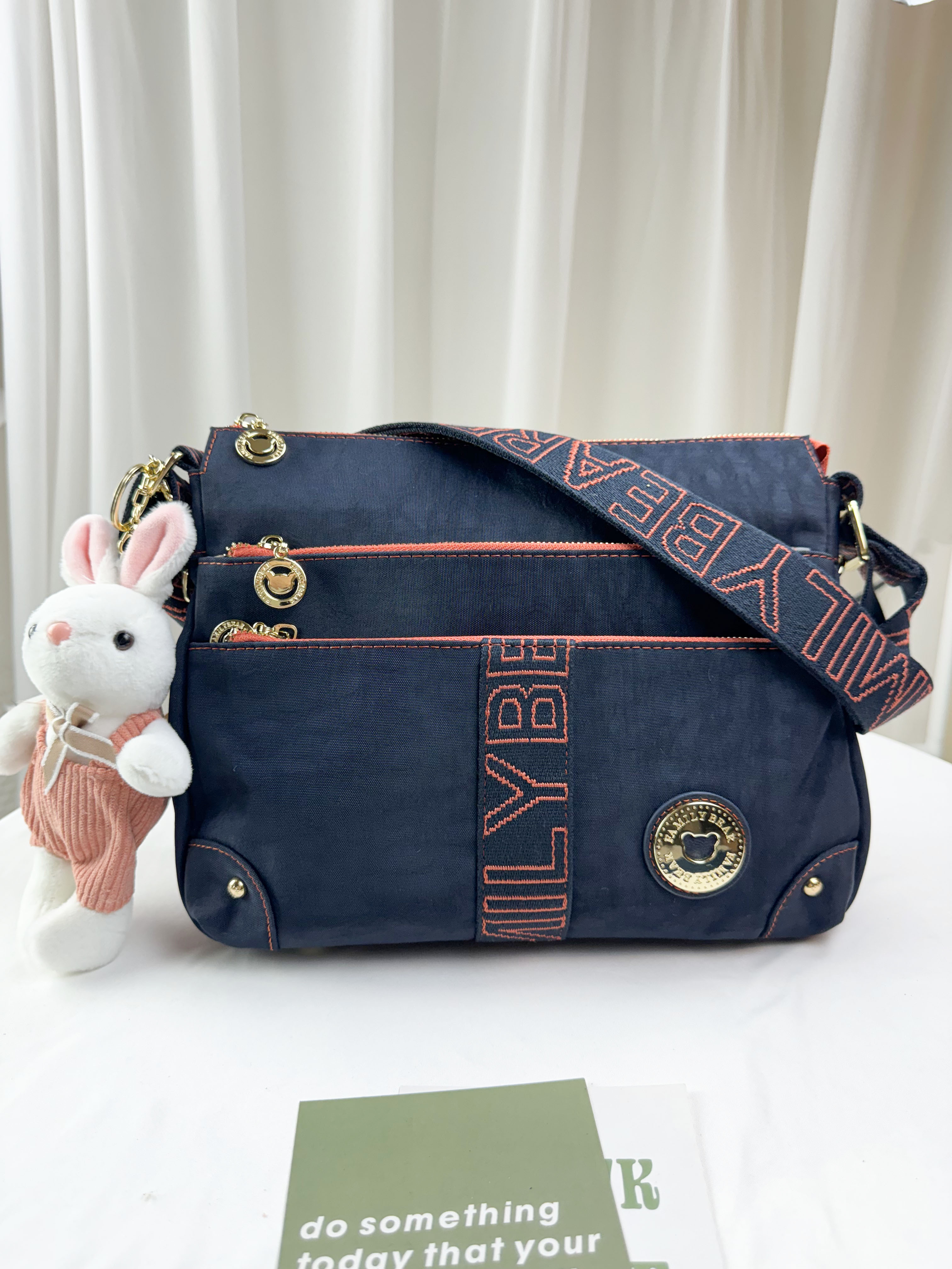 FamilyBear 藍橙織帶防潑水側背包 附兔兔吊飾 #2045