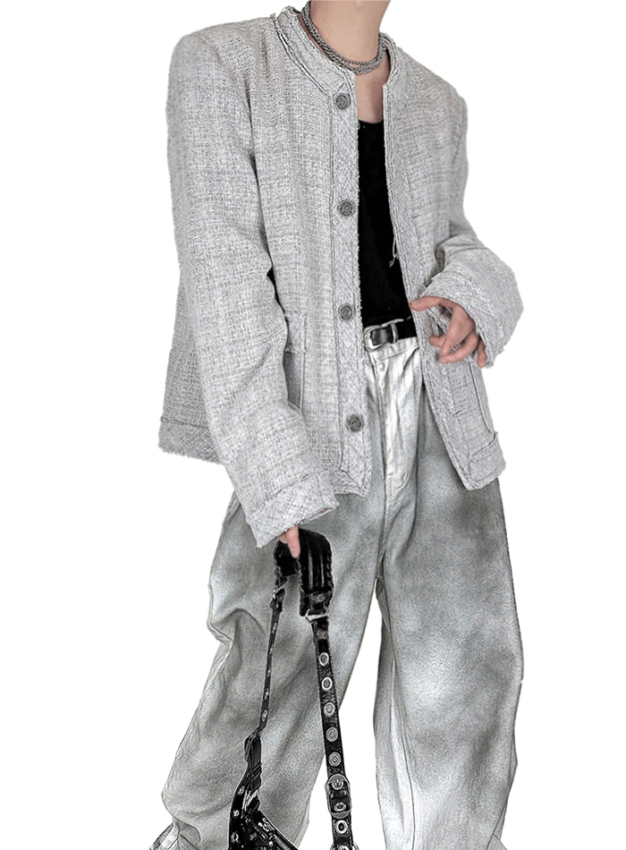 Ver.6小香圓領紫灰羊毛粗花呢夾克