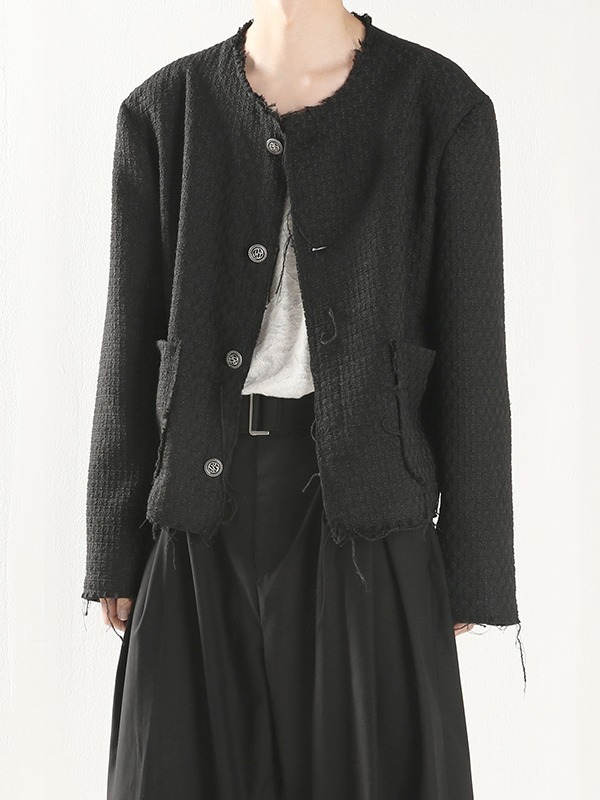 Ver.7小香剪裁刷破無領粗花呢夾克