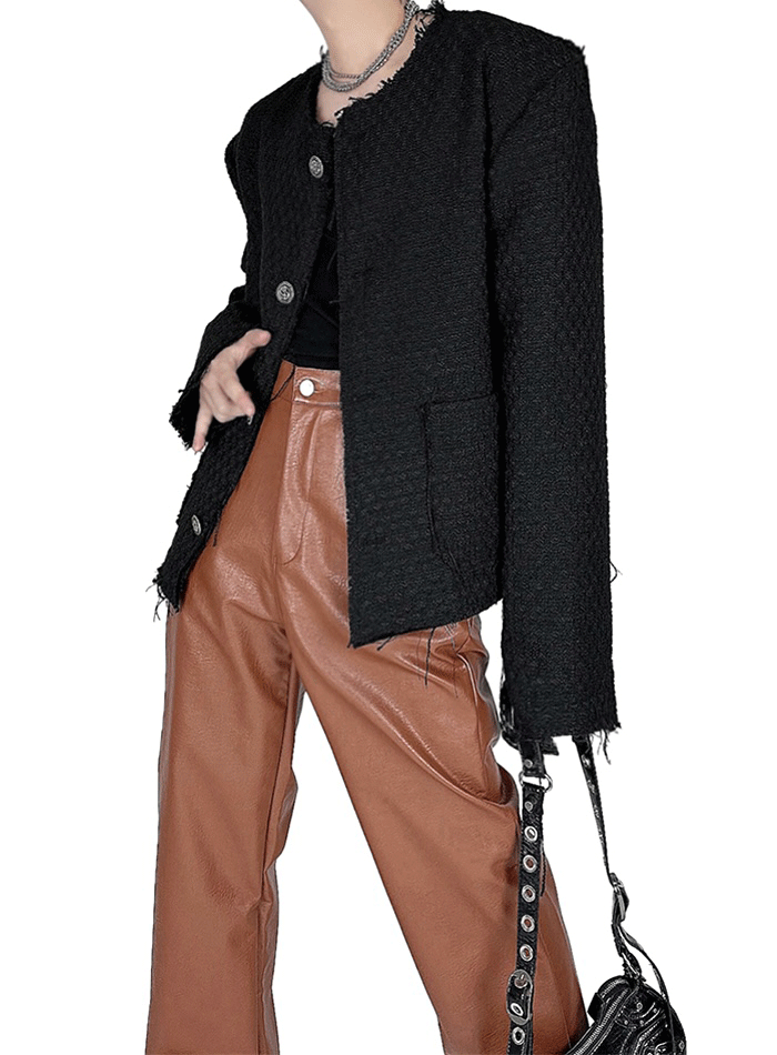 Ver.7小香剪裁刷破無領粗花呢夾克