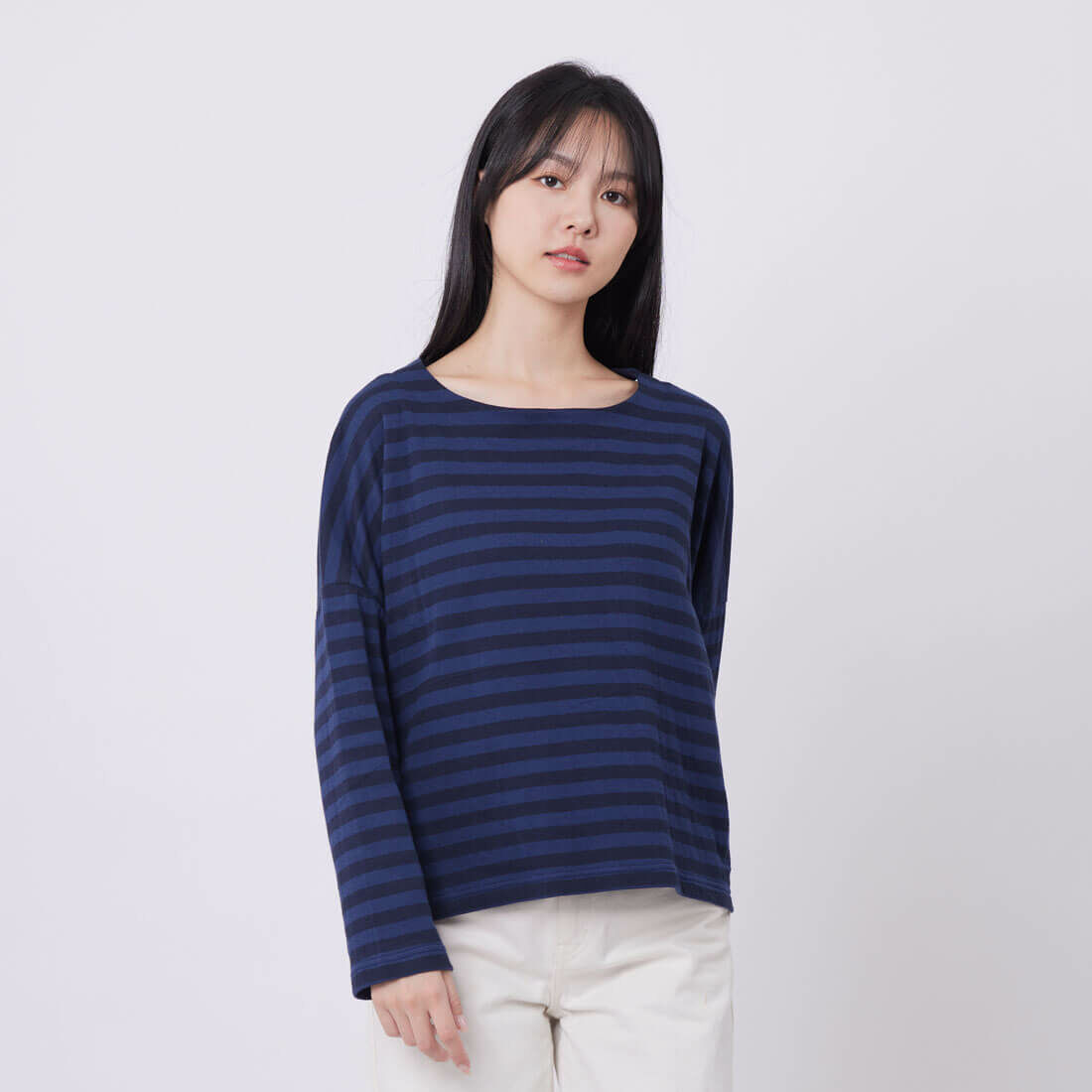 Karen船型領柔軟條紋長袖上衣/藍