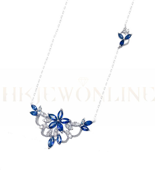 18K White Gold Sapphire Flower Diamond Necklace