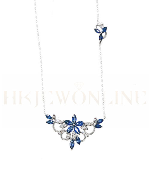 18K White Gold Sapphire Flower Diamond Necklace