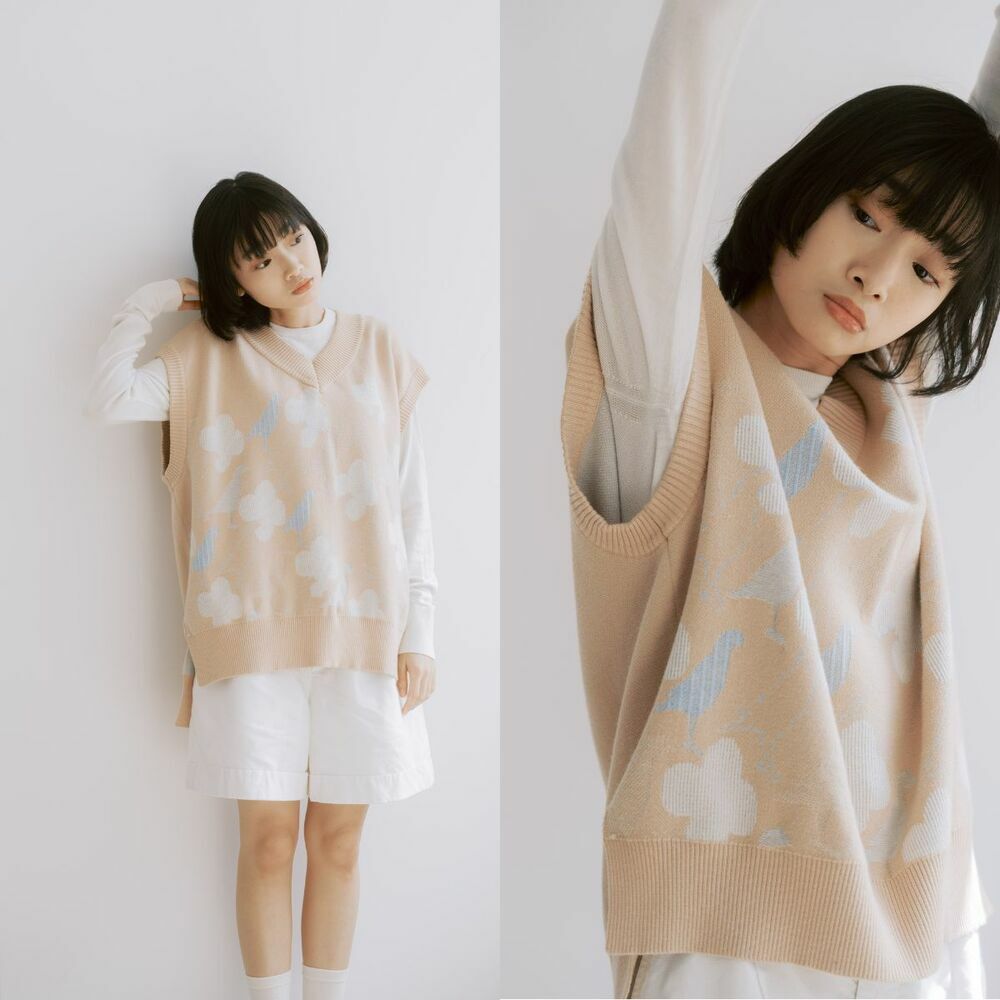 針織毛衣背心/海棠八哥2號/奶油米杏