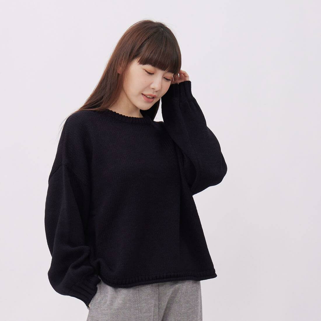 Elva小拋袖圓領寬版針織上衣/黑