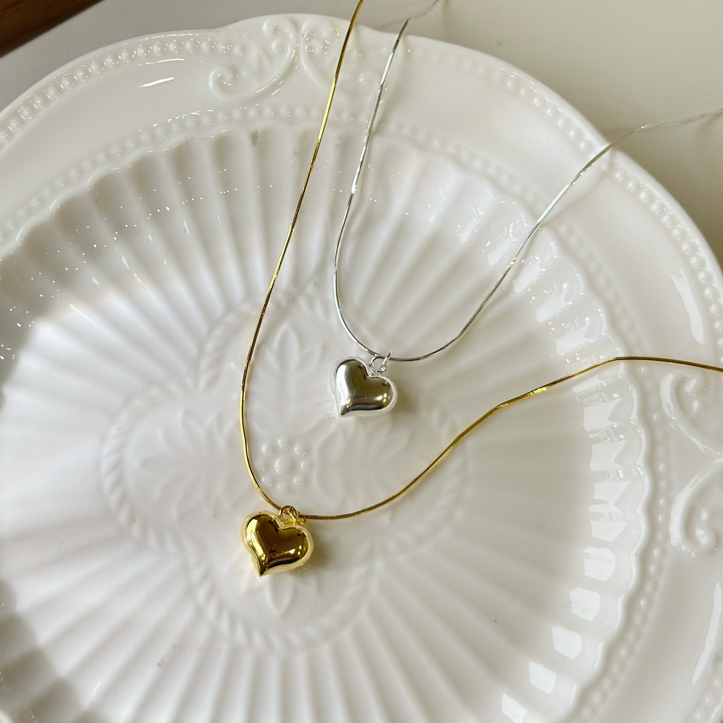 心弦．蛇骨鍊立體愛心純銀鎖骨鏈