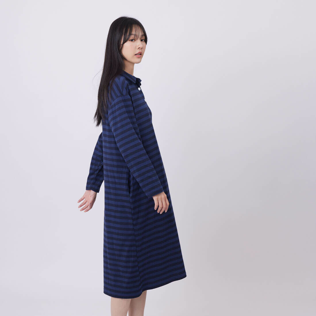 Sofie半開襟條紋長袖洋裝/藍