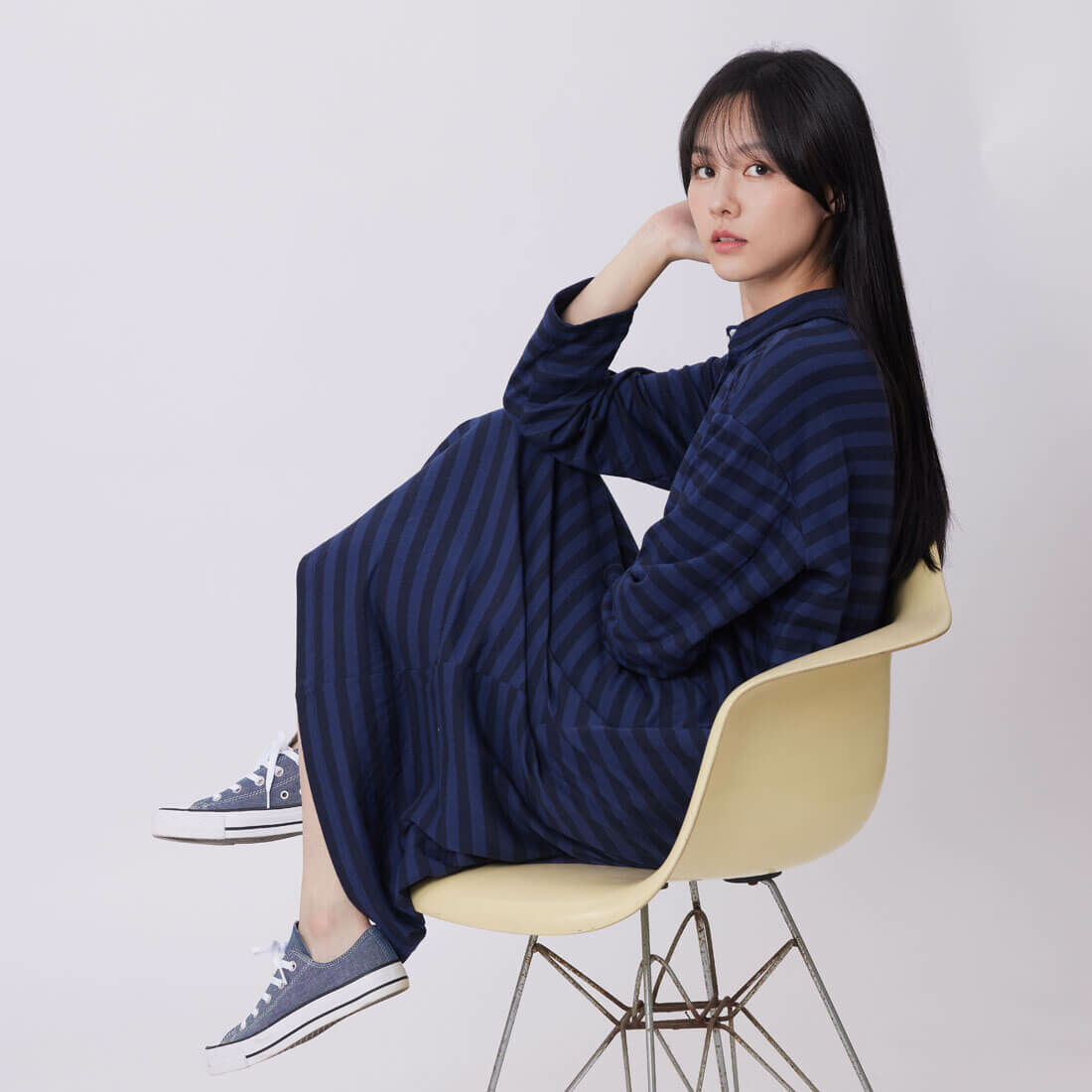 Sofie半開襟條紋長袖洋裝/藍