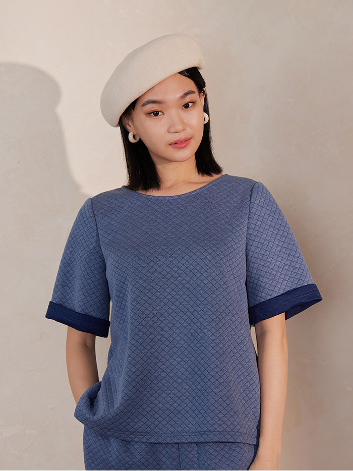 菱磚摺袖雙面布上衣-夜調