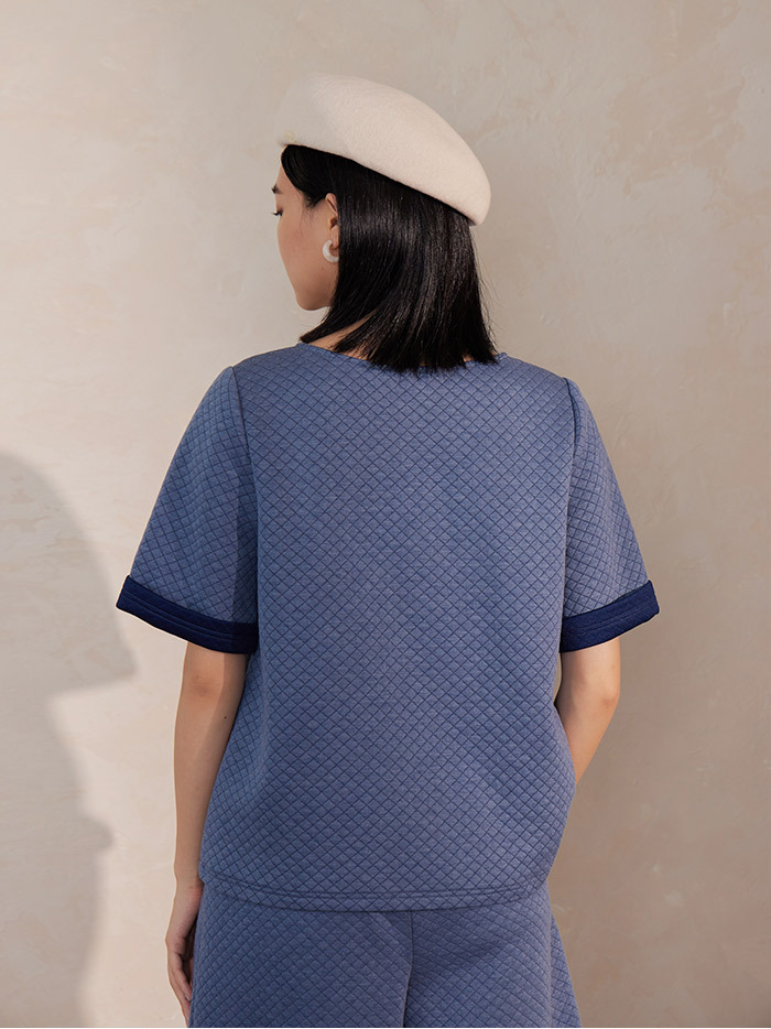 菱磚摺袖雙面布上衣-夜調