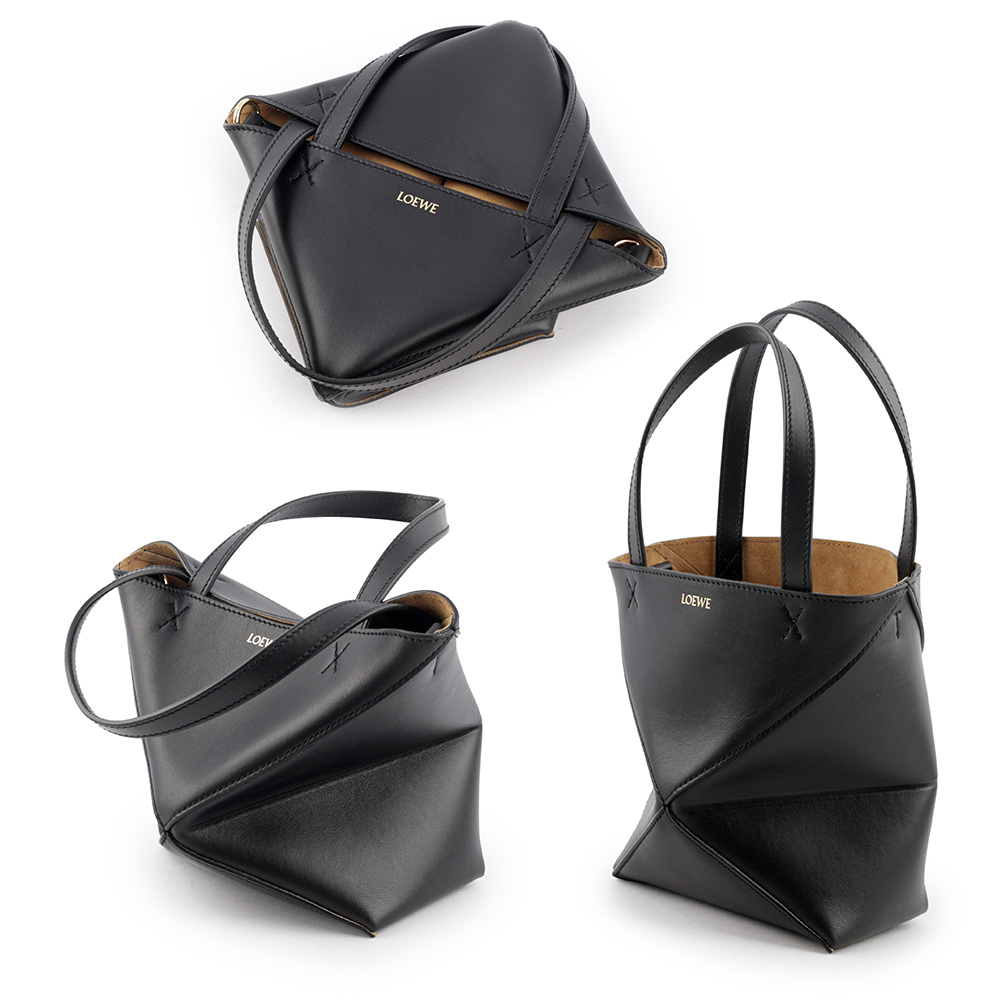 【LOEWE】Puzzle 亮面小牛皮迷你摺疊托特包(黑色) A657V25X01 1100